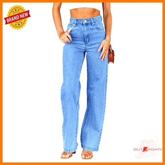 Denim - High Waisted Boyfriend Jeans Straight Leg Denim Pants with Pockets